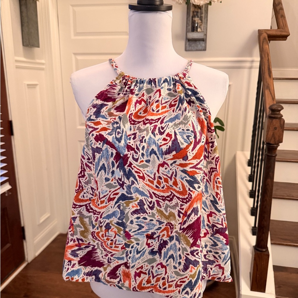 Nicole Miller NWT Multicolor High Neck Halter Blouse w/ Braided Tie in Back